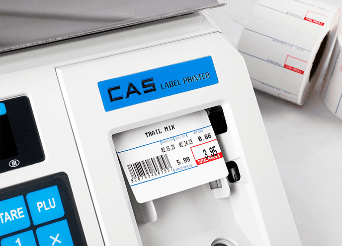 A CAS scale dispensing a printed label
