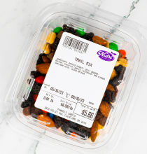 A package of mixed nuts with a scale label affixed to it